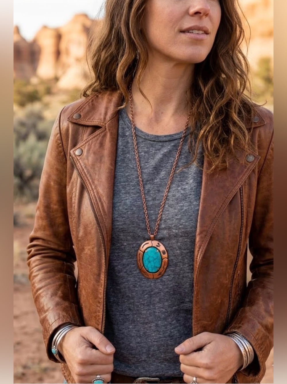 Vintage Bell Trading Post Faux Turquoise Pendant in Solid Copper Necklace